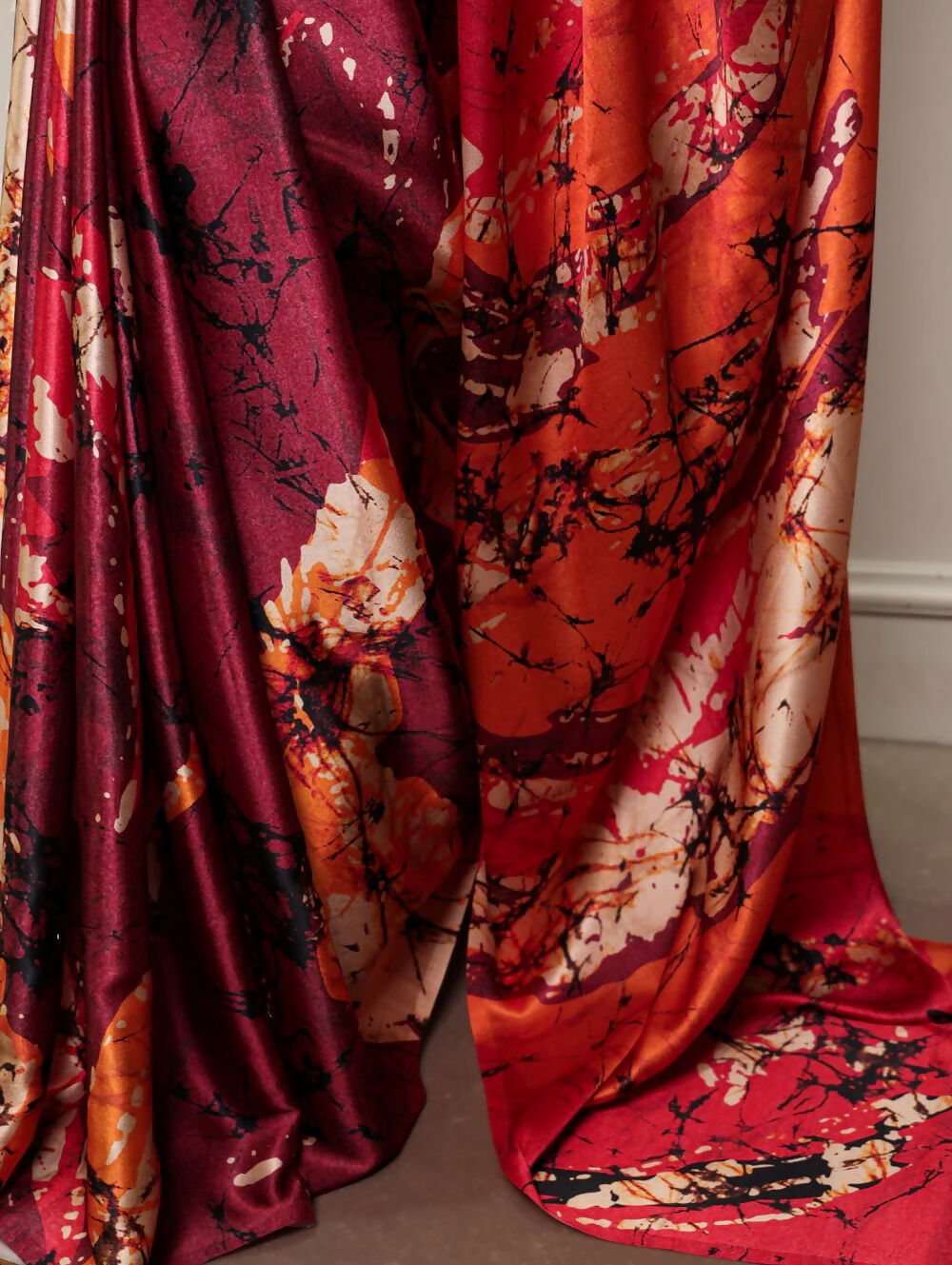 Vastranavya Maroon Satin Silk Printed Saree with a Natural Silk Unstitched Blouse