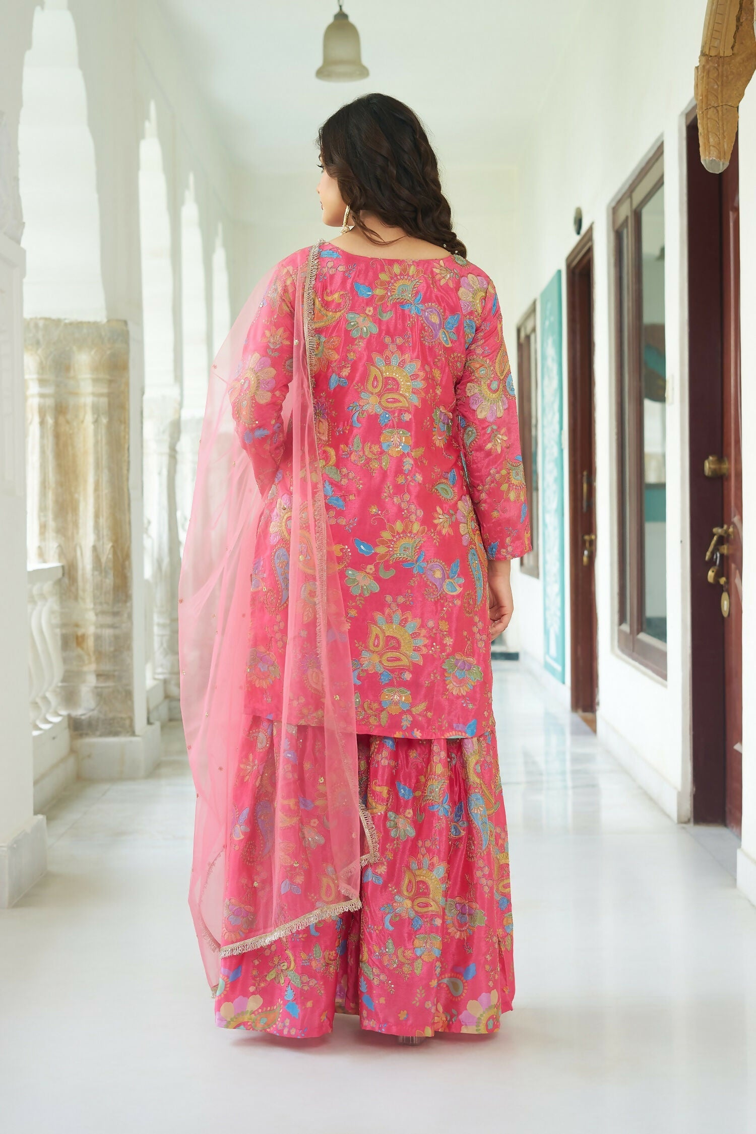 Joban Fashion Pink Kurta Set Chinnon Embroidery Sequence Work