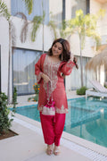 Teeya Creation Womens Wear Peach,Pink Color Viscose Fabric With Sequins & Coding Zari Embroidered Work Kurta Pant Set