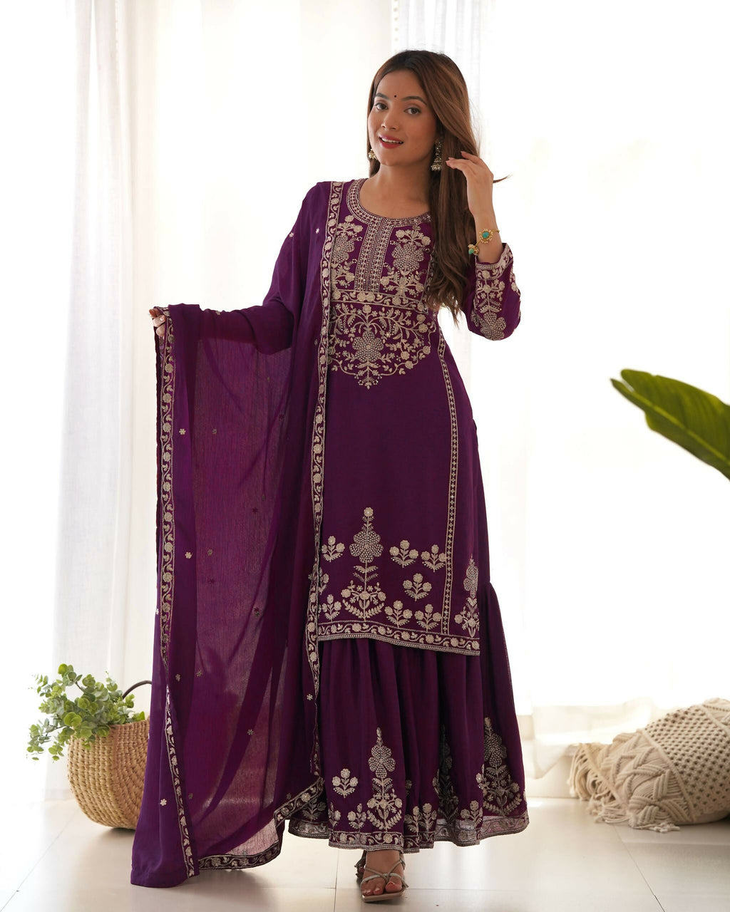 Teeya Creation Purple Color Chinon Silk Embroidery Work Wedding Wear Palazzo Set
