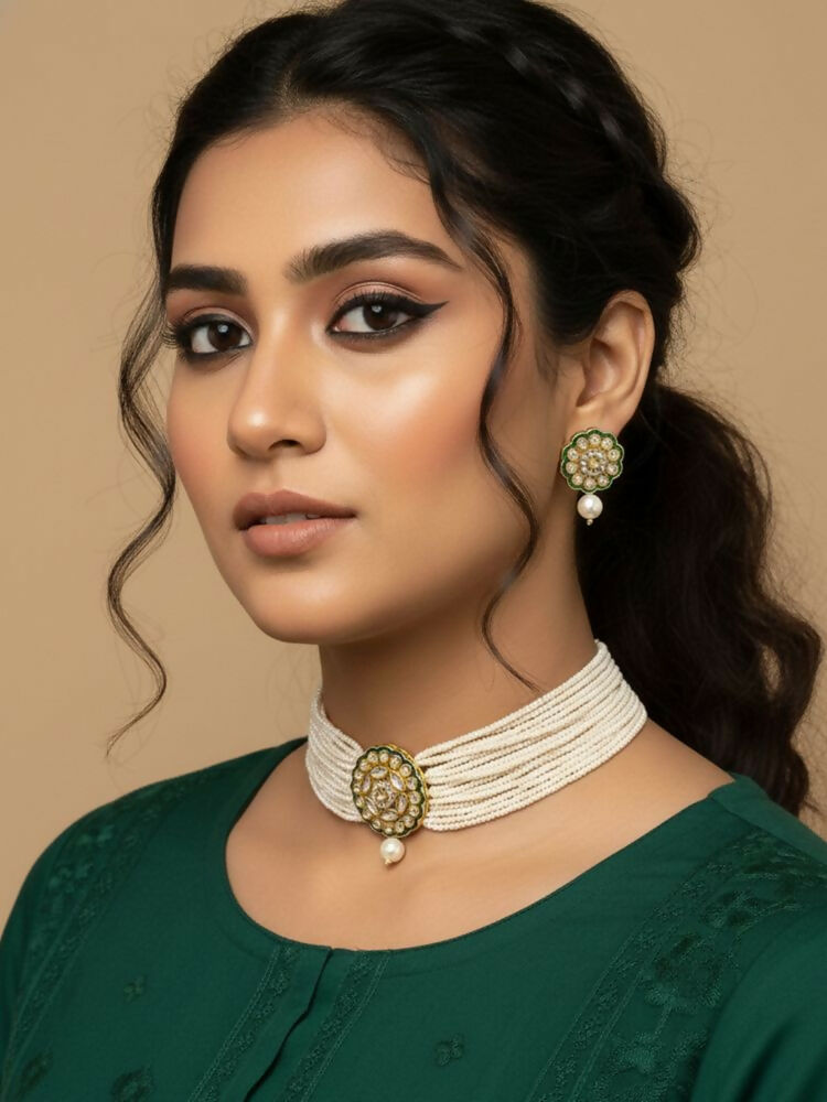 NVR Women Gold Plated White Kundan Jewellery Set