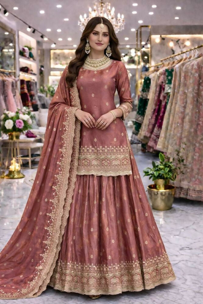 Teeya Creation Onion Color Fendy Satin Heavy Embroidery Work Wedding Wear Stitched Lehenga Choli
