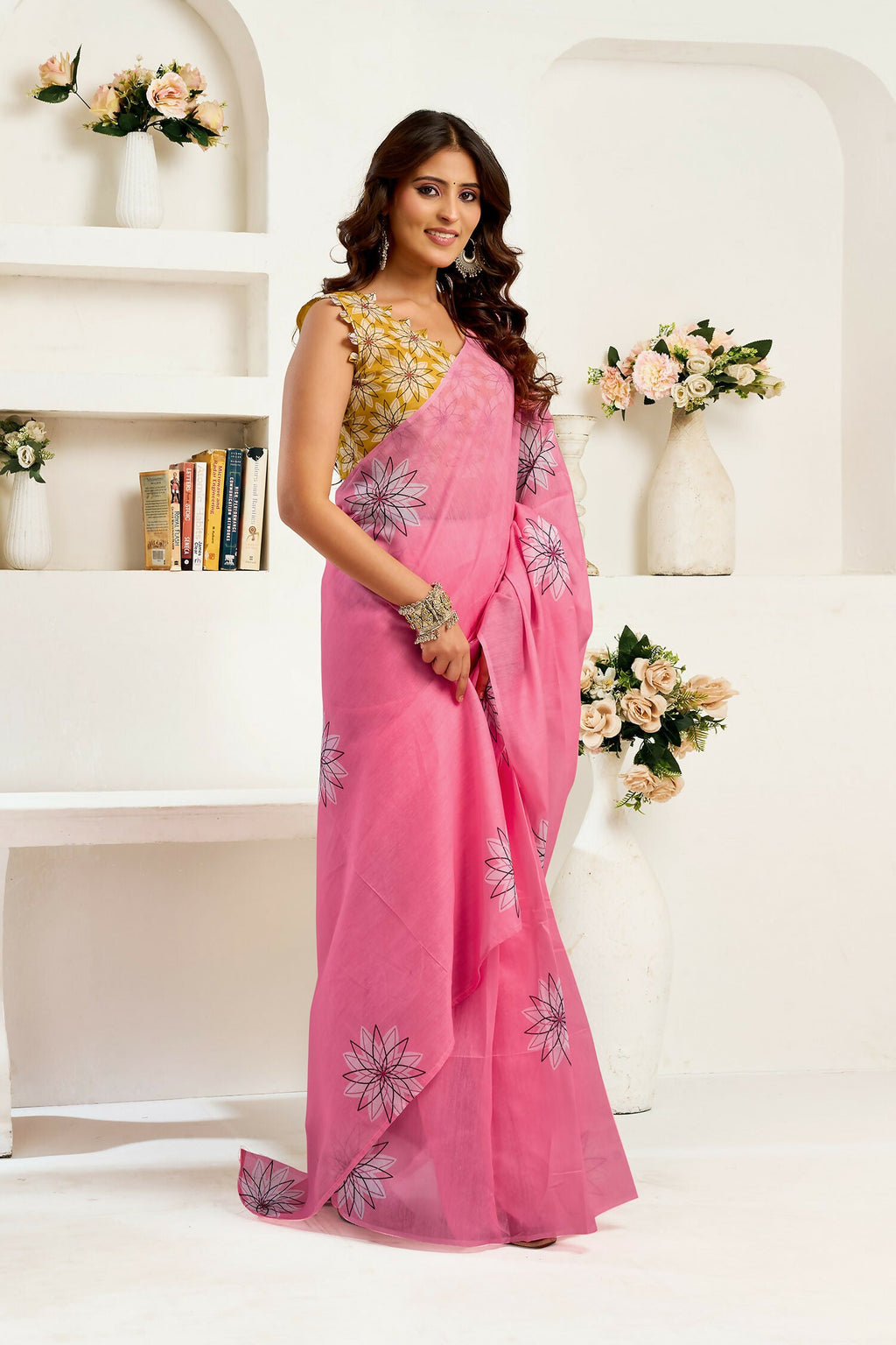 Joban Fashion Baby Pink Geomatric Linen Ready To Wear Saree With Unstitched Blouse