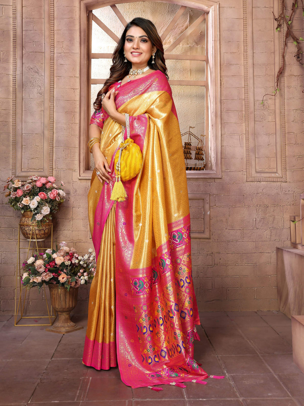 Aastha Fashion Yellow Banarasi Tissue Silk Weaving Saree