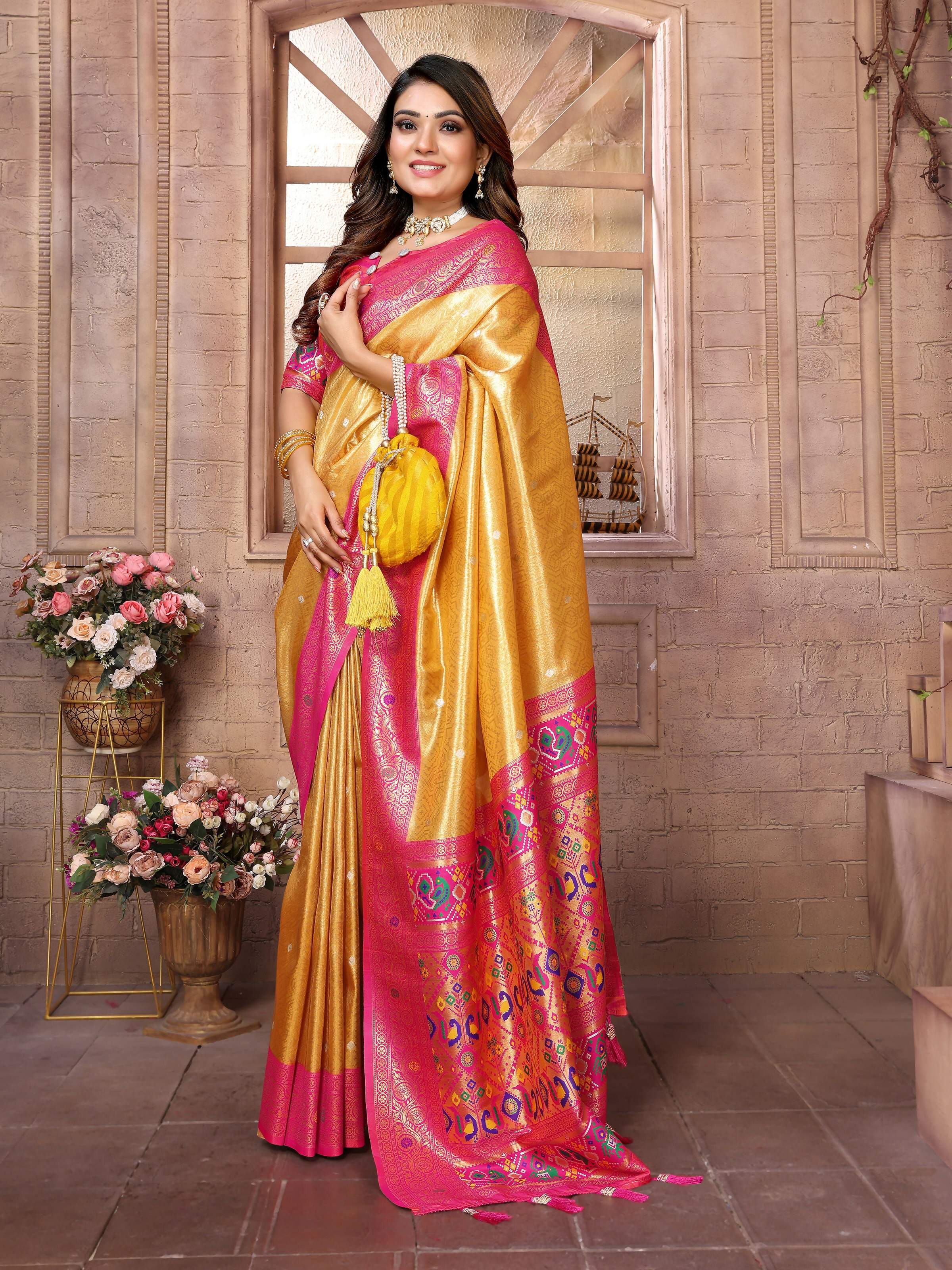Aastha Fashion Yellow Banarasi Tissue Silk Weaving Saree
