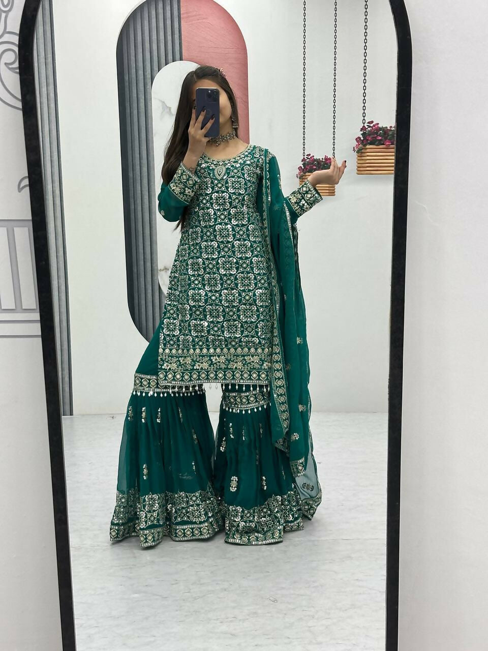 Teeya Creation Womens New Heavy Fox Georgette Fabric With Heavy Embroidery Work Green Kurta Set