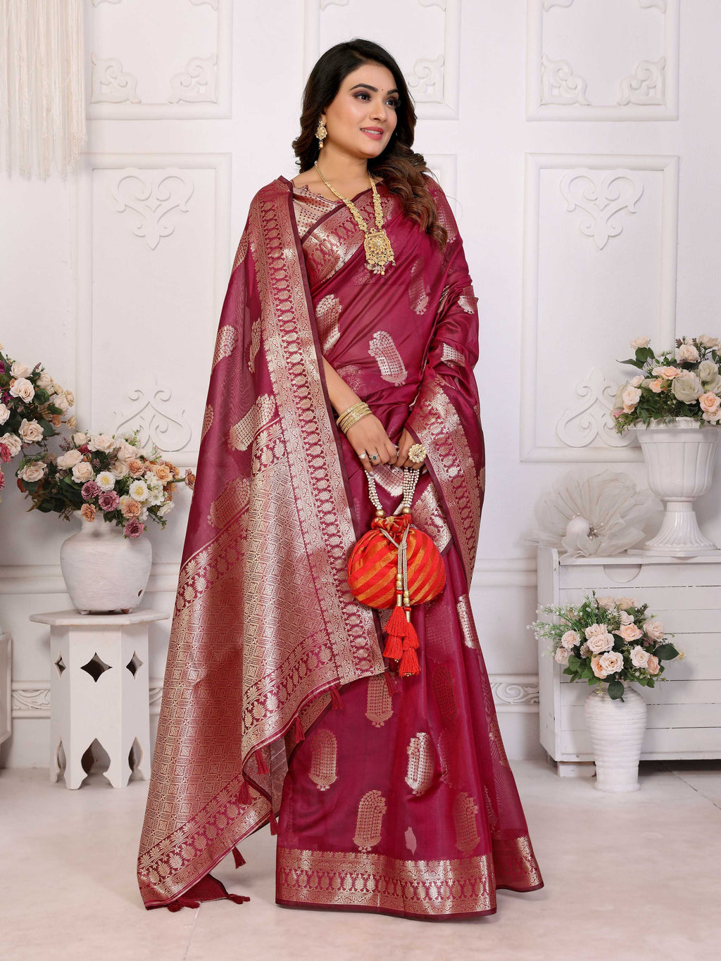 Aastha Fashion Wine Soft Organza Silk Weaving Saree