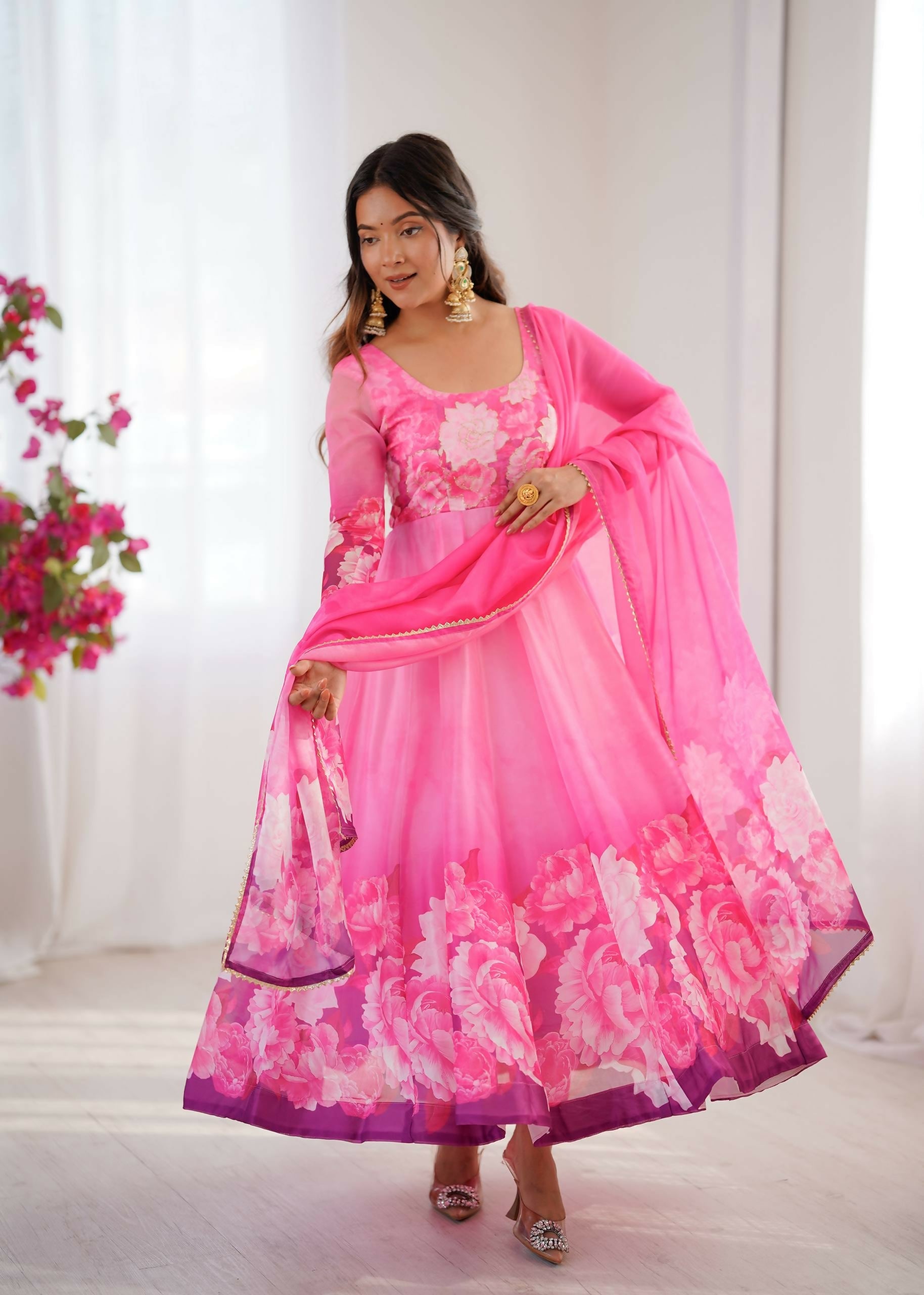 Teeya Creation Womens New Organza Soft Taby Silk Heavy Quality Fabric With Digital Print Pink Gown Set