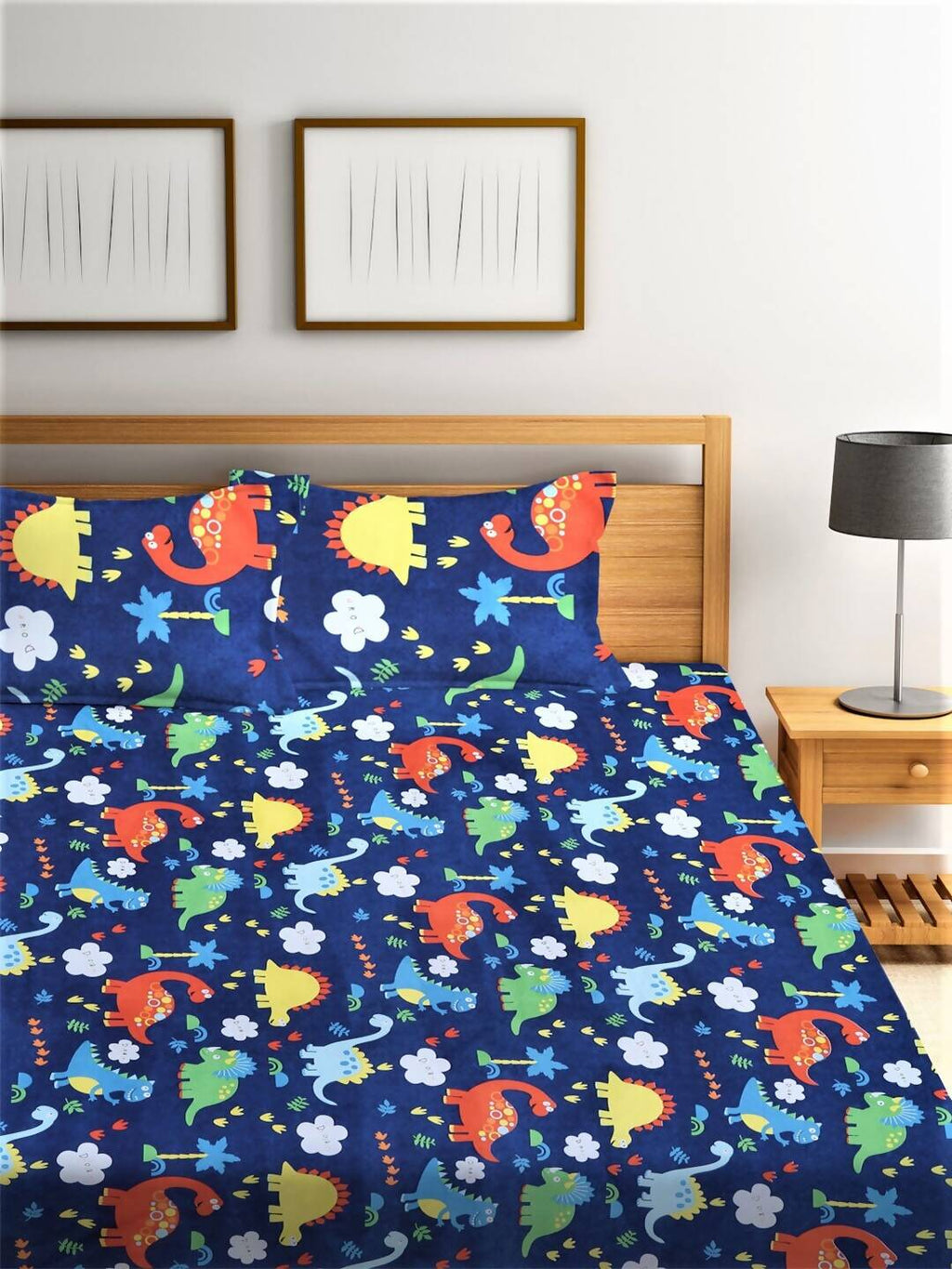 Home Sizzler Blue & Red Cartoon Characters 210 TC Bedsheet with Pillow Cover