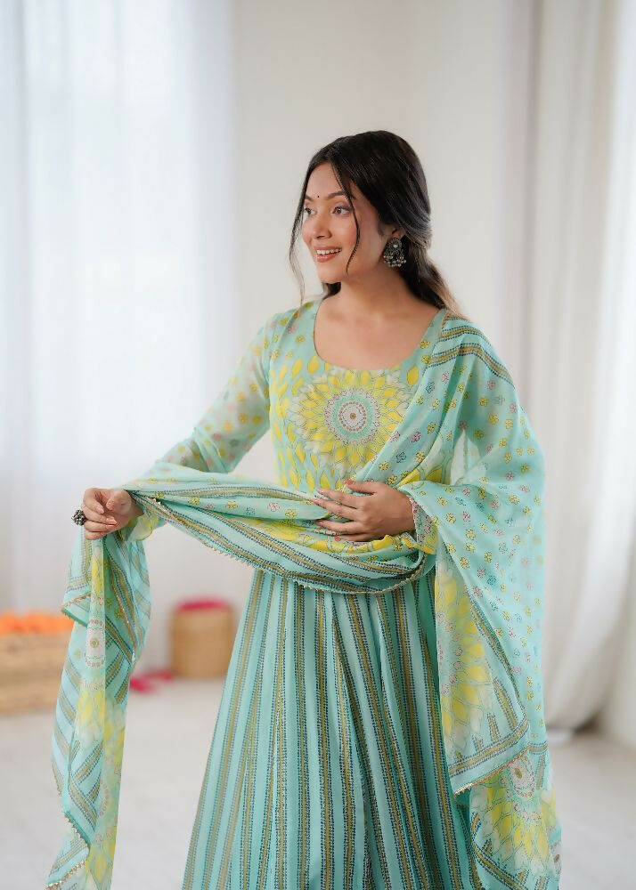 Teeya Creation Sky Soft Organza Digital Printed Party Wear Long Gown