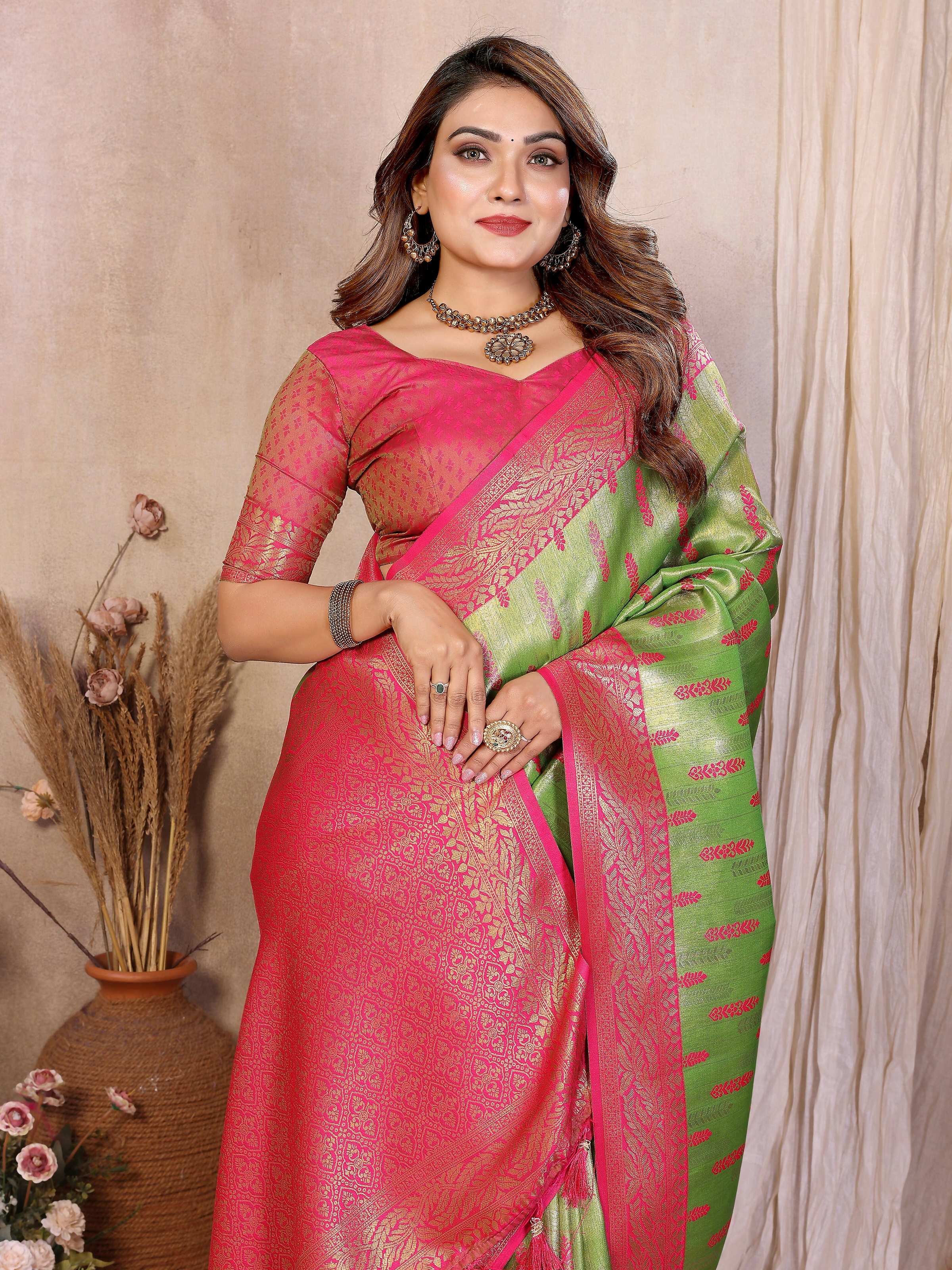 Aastha Fashion Pista Green Tissue Silk Paithani Woven Saree