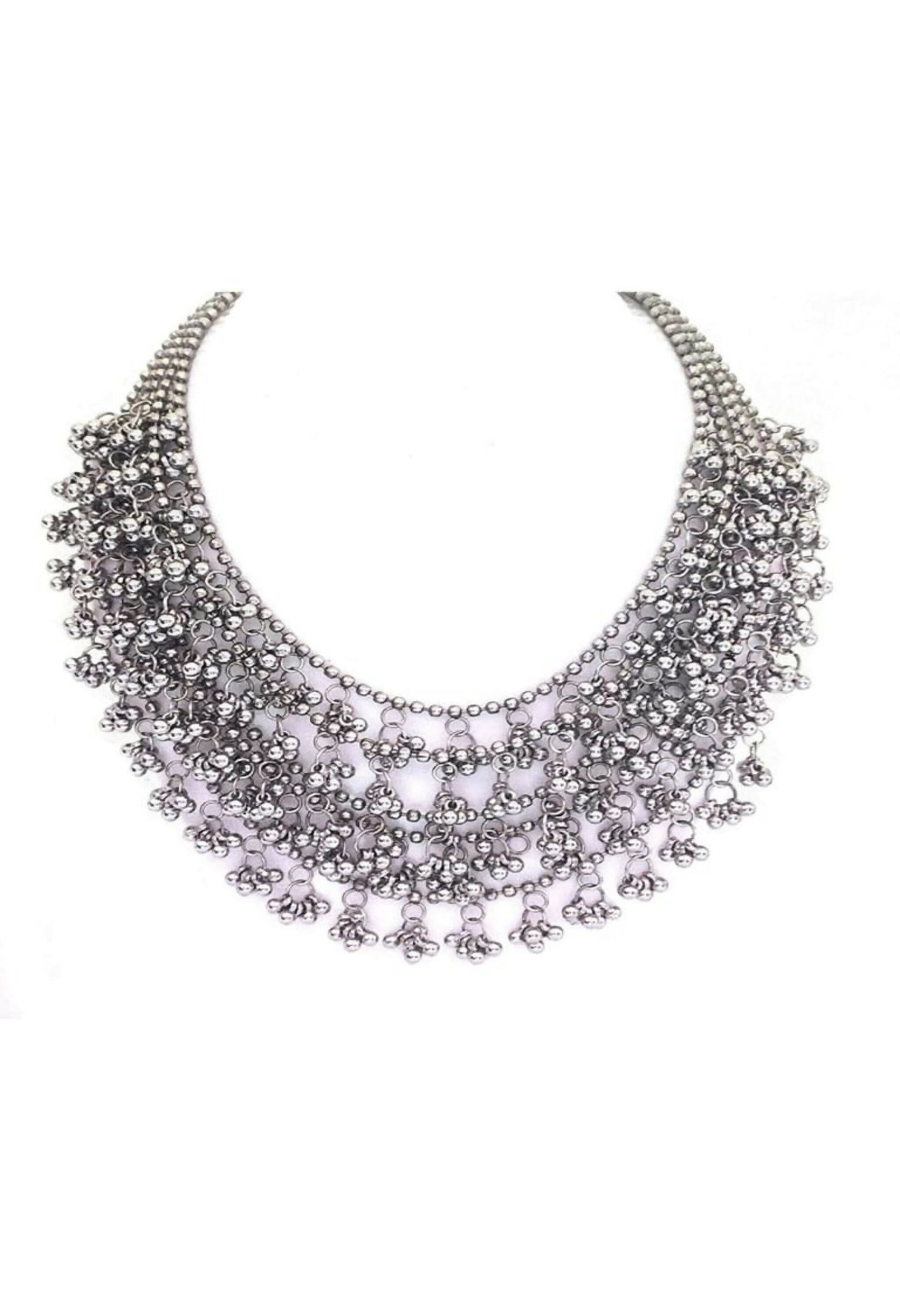 Mominos Fashion Johar Kamal Oxidised Silver-Plated Brass Finish Ghungroo Necklace with Earrings For Women