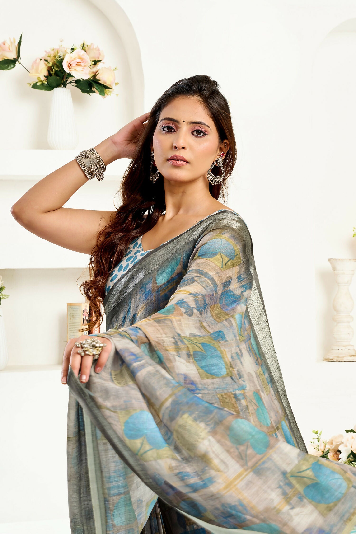 Joban Fashion  Dusty Brown Floral & Ethnic Motifs Linen Ready To Wear Saree With Unstitched Blouse
