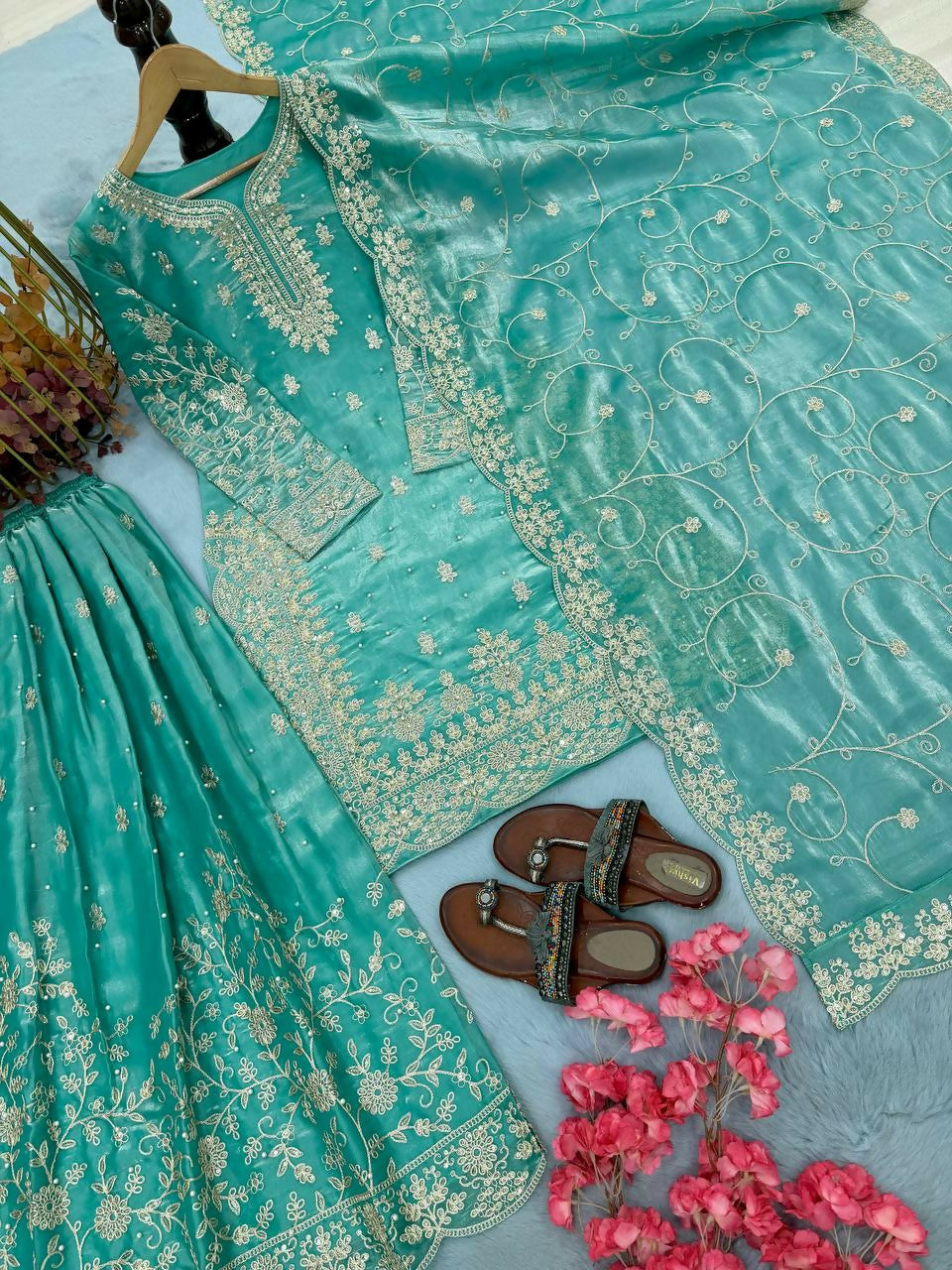 Teeya Creation Turquoise Pure Silk Gimmy Silk Heavy Embroidery Work Wedding Wear Palazzo Pair