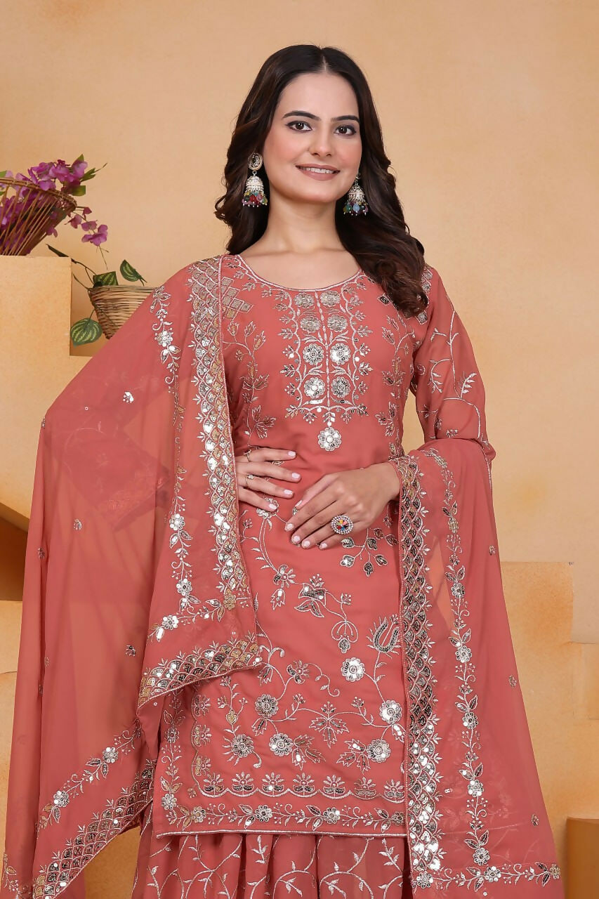 Teeya Creation Peach Color Faux Georgette Embroidery Work Wedding Wear Palazzo Set