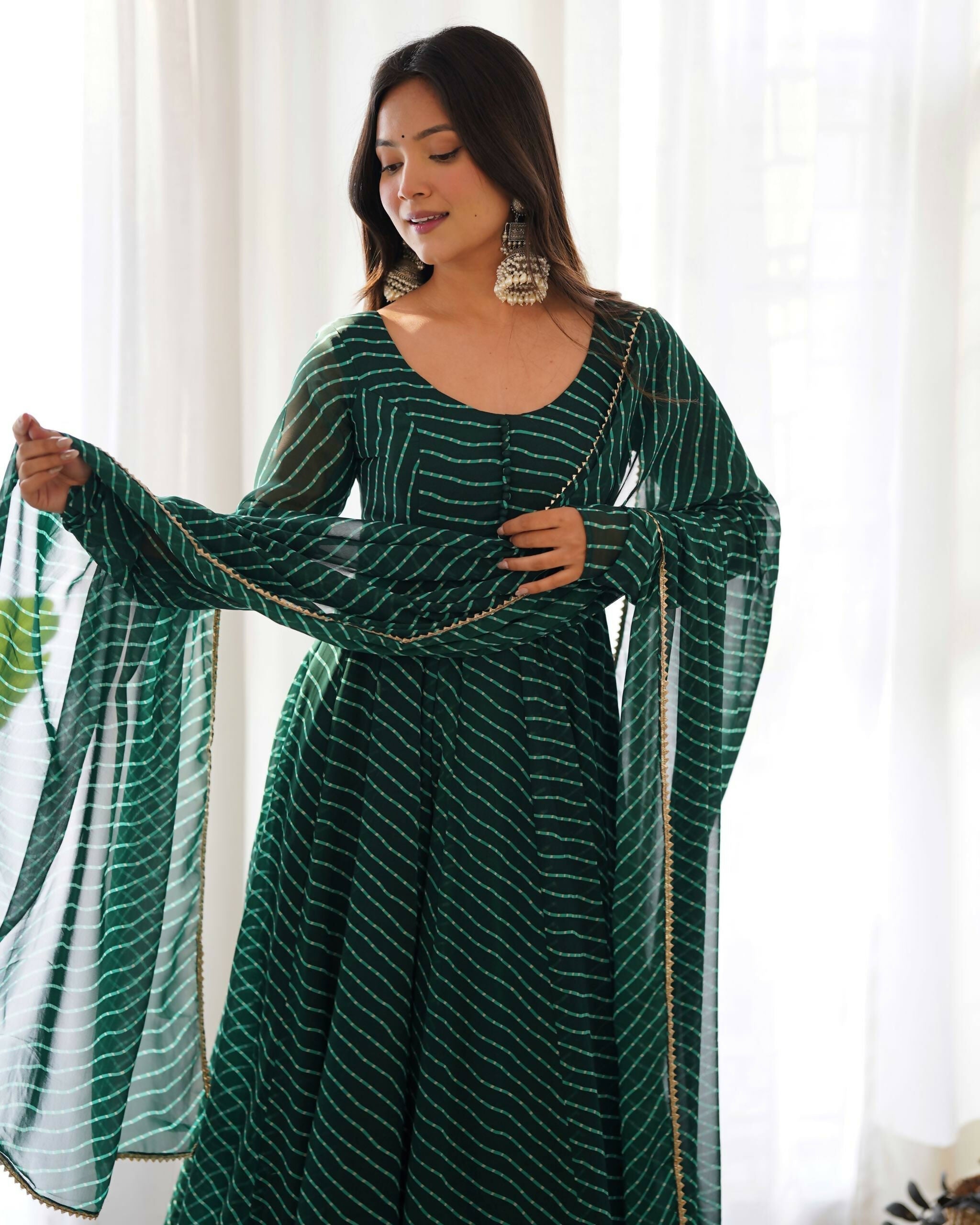 Lehenga Mart Designer Anarkali Suit With Kurta, Pant, Dupatta For Women-Bottle Green