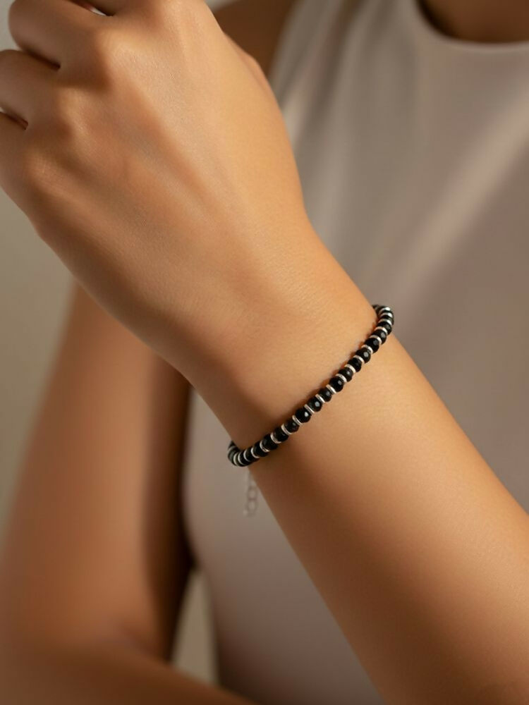 NVR Women Silver Plated Black Beaded Adjustable Bracelet