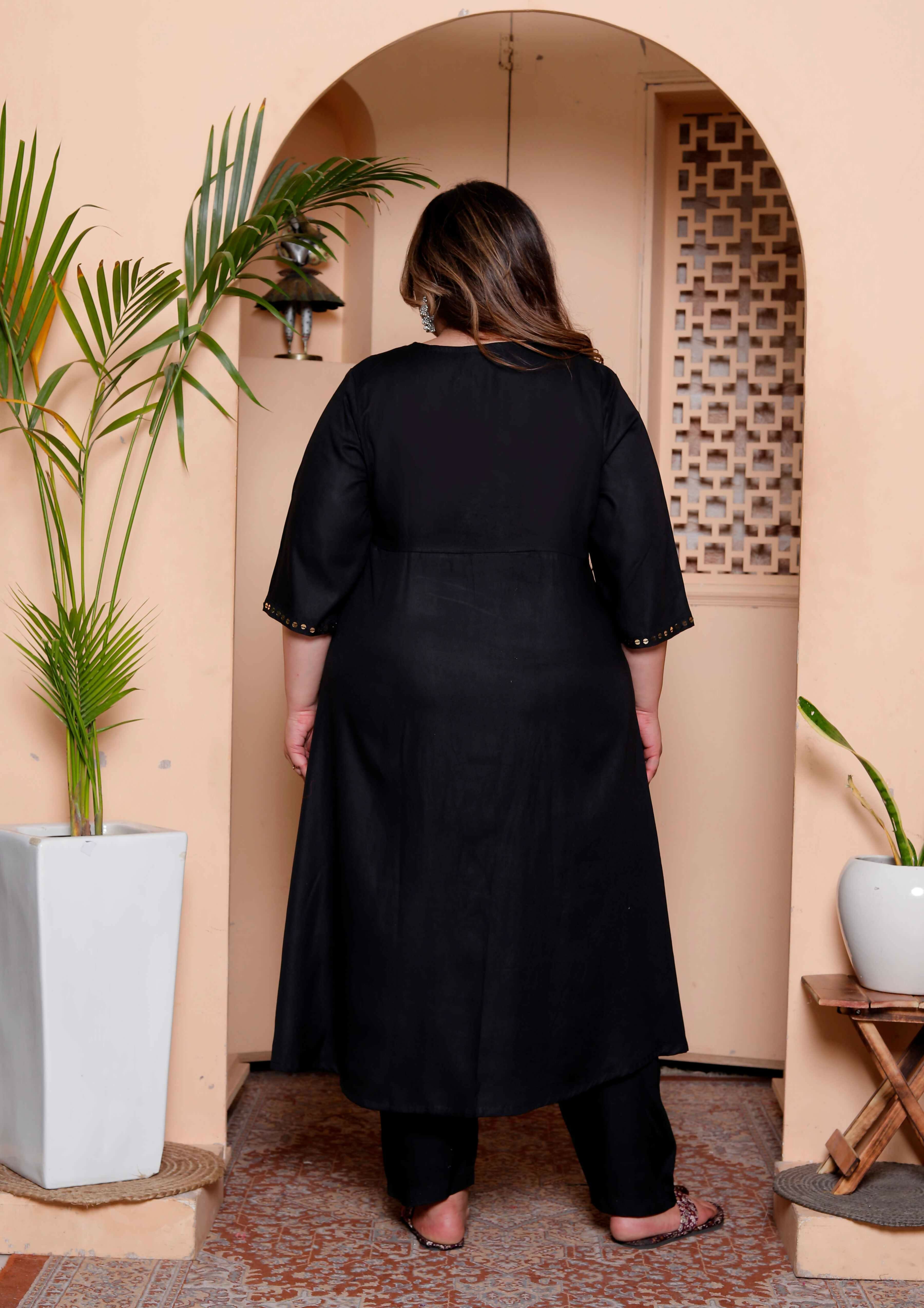 Miravan Womens Plus Size Black Mirror work Angrakha Kurta and Palazzo Set