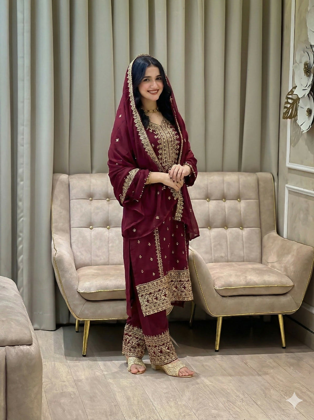 Teeya Creation Maroon Color Faux Georgette Embroidery Work Party Wear Salwar Suit