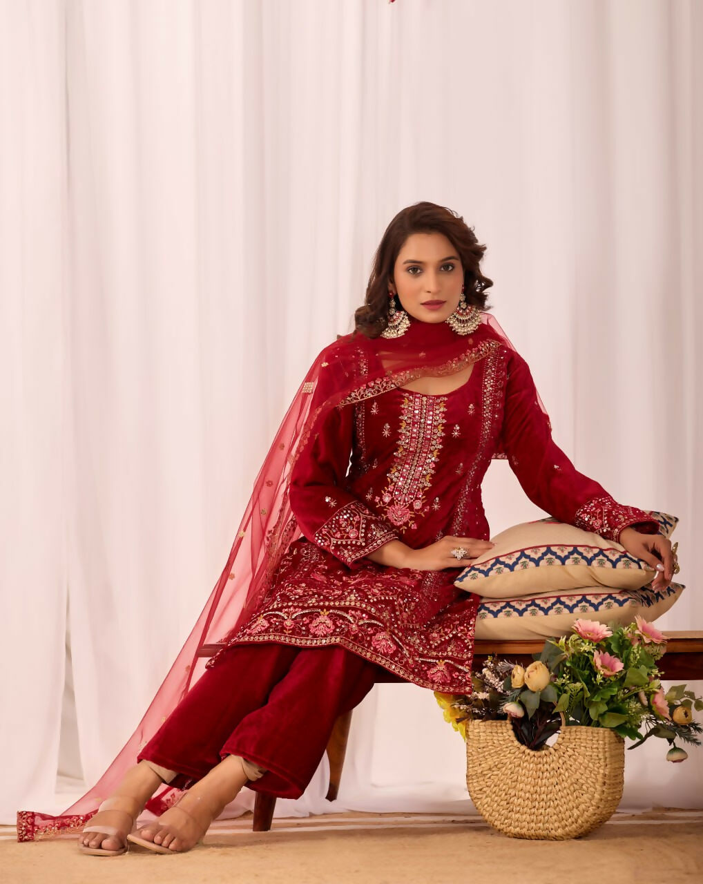 Joban Fashion Red Kurta Set Velvet Embroidery Sequence Work