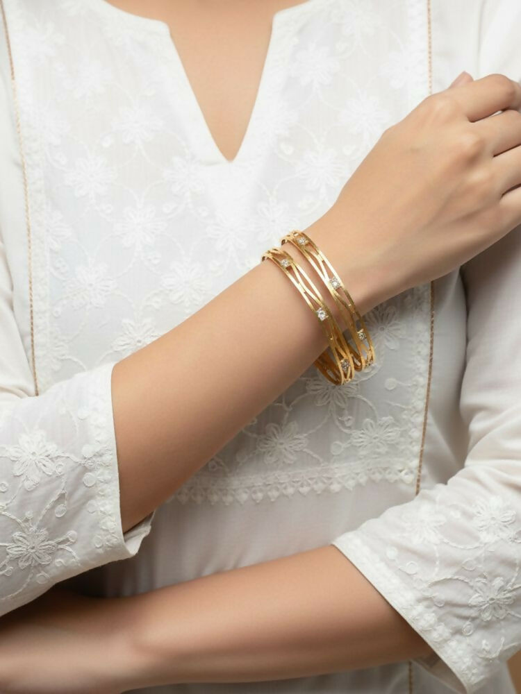NVR Women Set of 2 Gold Plated CZ Stone Bangle