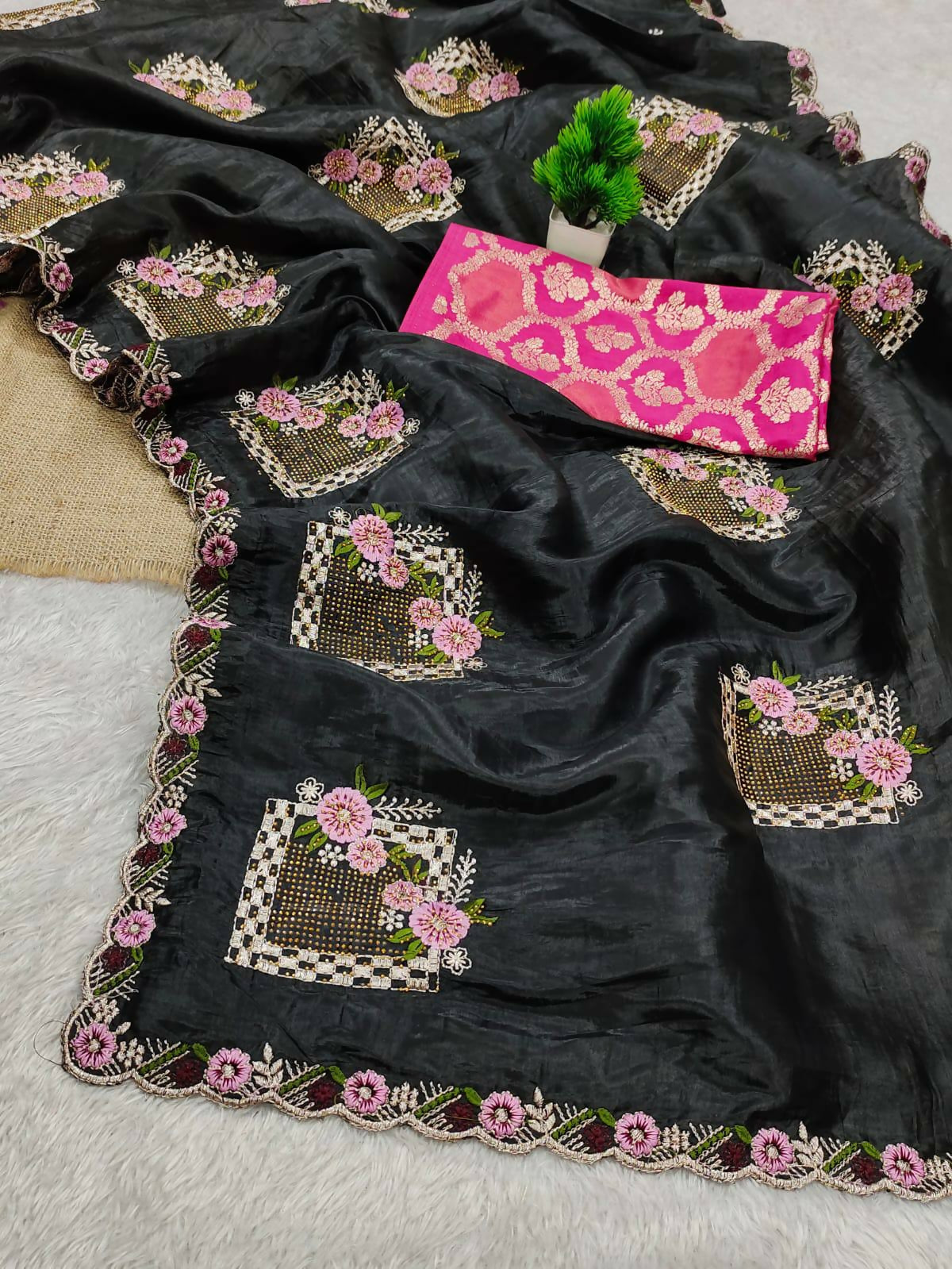Teeya Creation Black Color Pure Paper Silk Heavy Embroidery Work Wedding Wear Saree