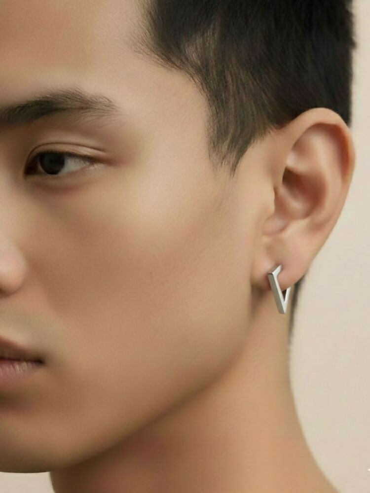 NVR Men's Silver Plated Geomatric Shaped Stud Earrings