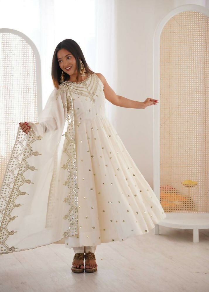 Teeya Creation White Color Roman Silk Embroidery Work Party Wear Gown