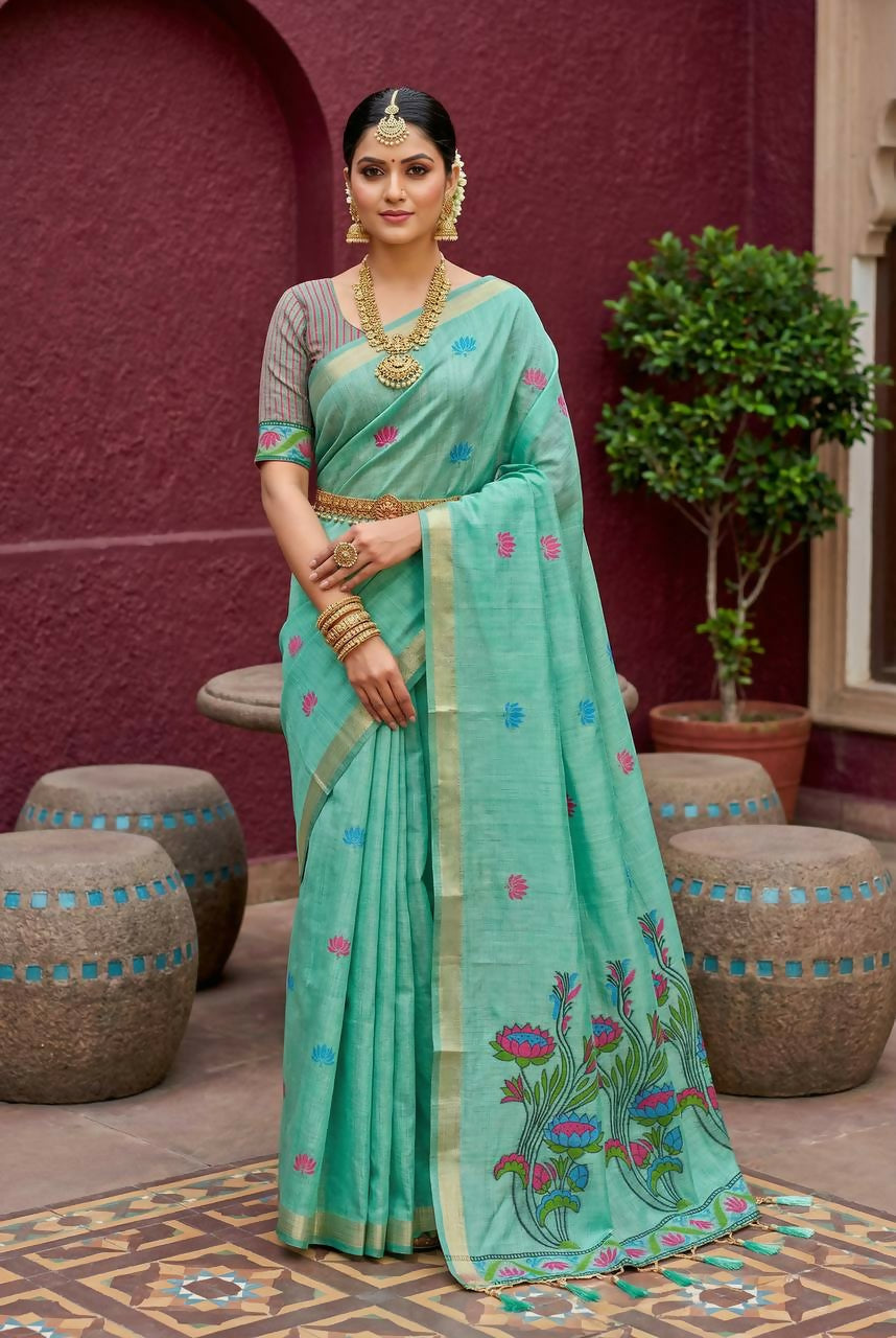 Vastranavya Sky Blue Muga Cotton Meenakari & Azarakh Pallu Saree with Contrast Blouse