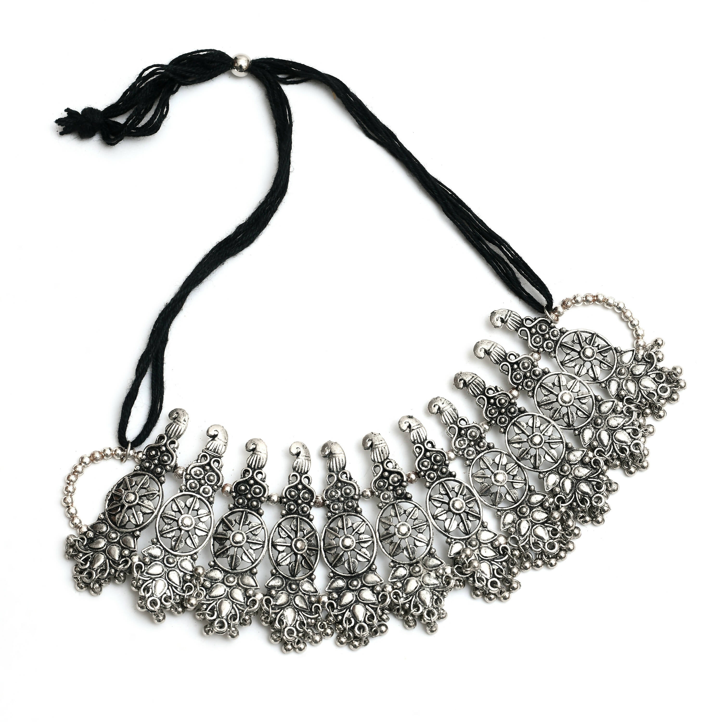 Mominos Fashion Johar Kamal Oxidised Silver-Plated Brass Finish Temple Jewellery with Earrings For Women