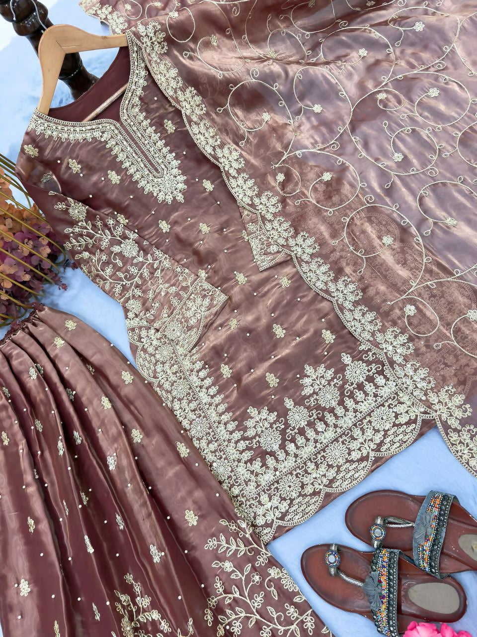 Teeya Creation Coffee Pure Silk Gimmy Silk Heavy Embroidery Work Wedding Wear Palazzo Pair