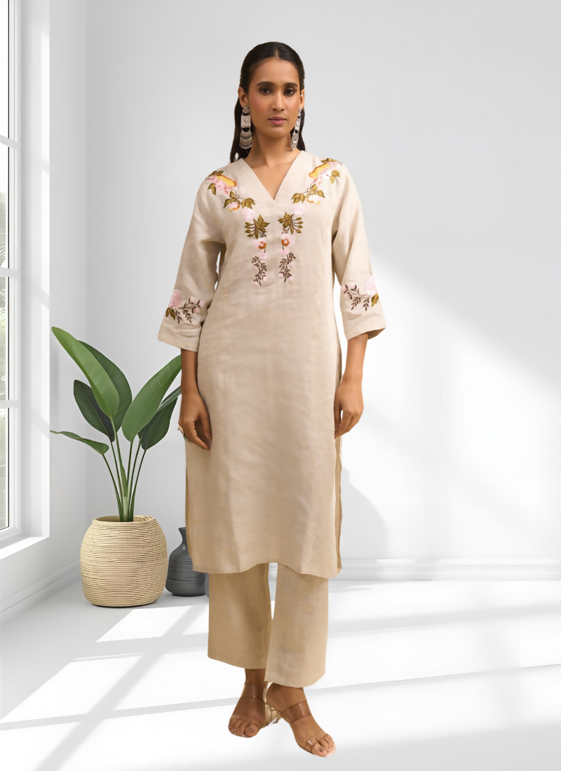 Joban Fashion Beige Linen Embroidered Readymade Long Kurta With Pant