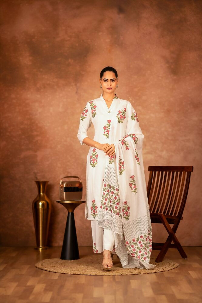 Joban Fashion Off White Pink Hand Block Printed Cotton Suit Set