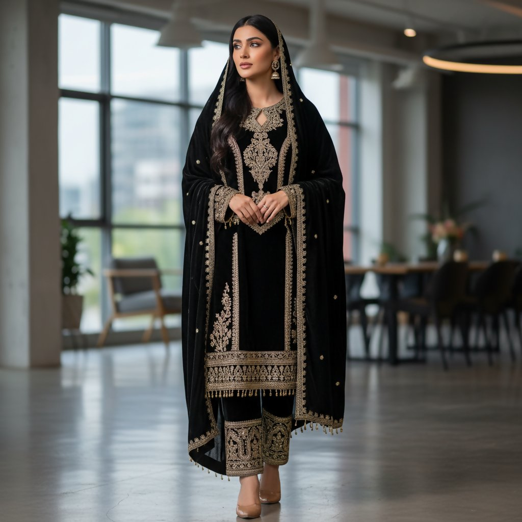 Joban Fashion Black Kurta Set Velvet Embroidery Sequence Work