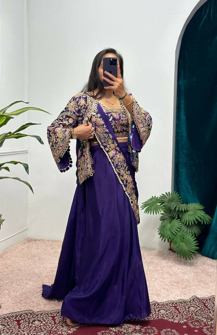 Teeya Creation Purple Color Chinon Silk Embroidery Work Ready To Wear Party Wear Saree With Koti