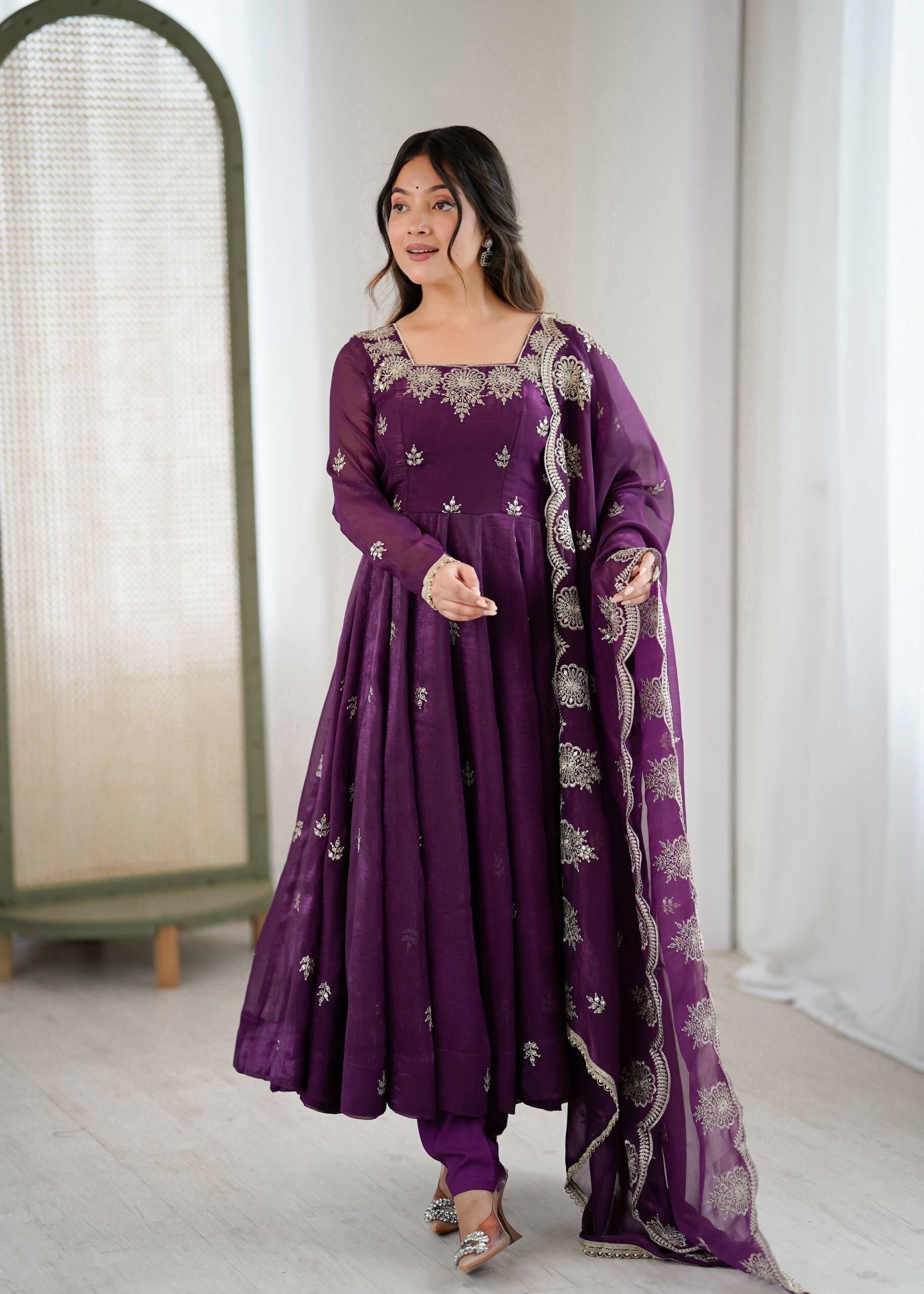 Teeya Creation Wine Color Crunchy Silk Embroidery Work Wedding Wear Gown
