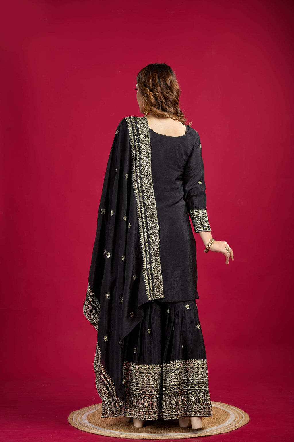Joban Fashion Black Kurta Set Silk Sequins , Zari, Coding & Thread Embroidered work
