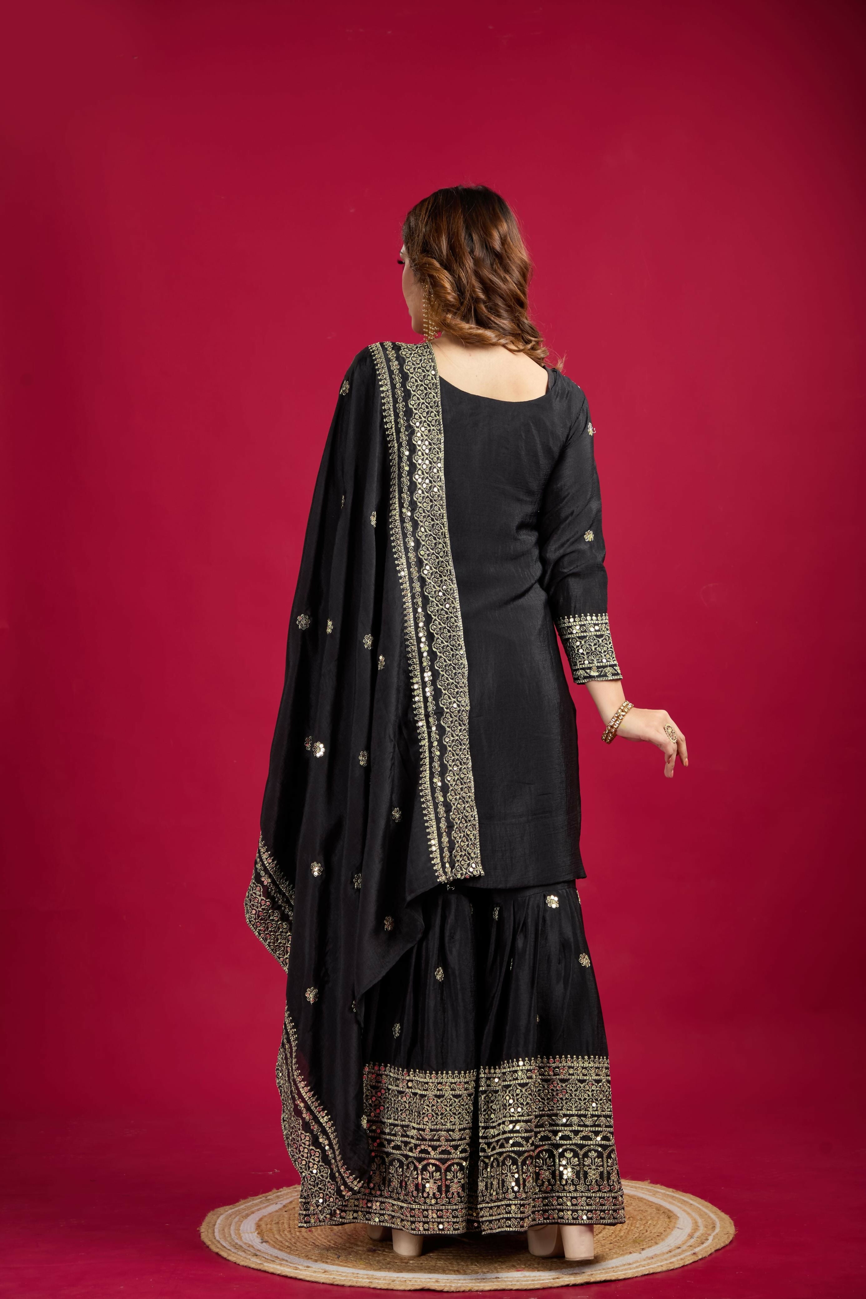 Joban Fashion Black Kurta Set Silk Sequins , Zari, Coding & Thread Embroidered work