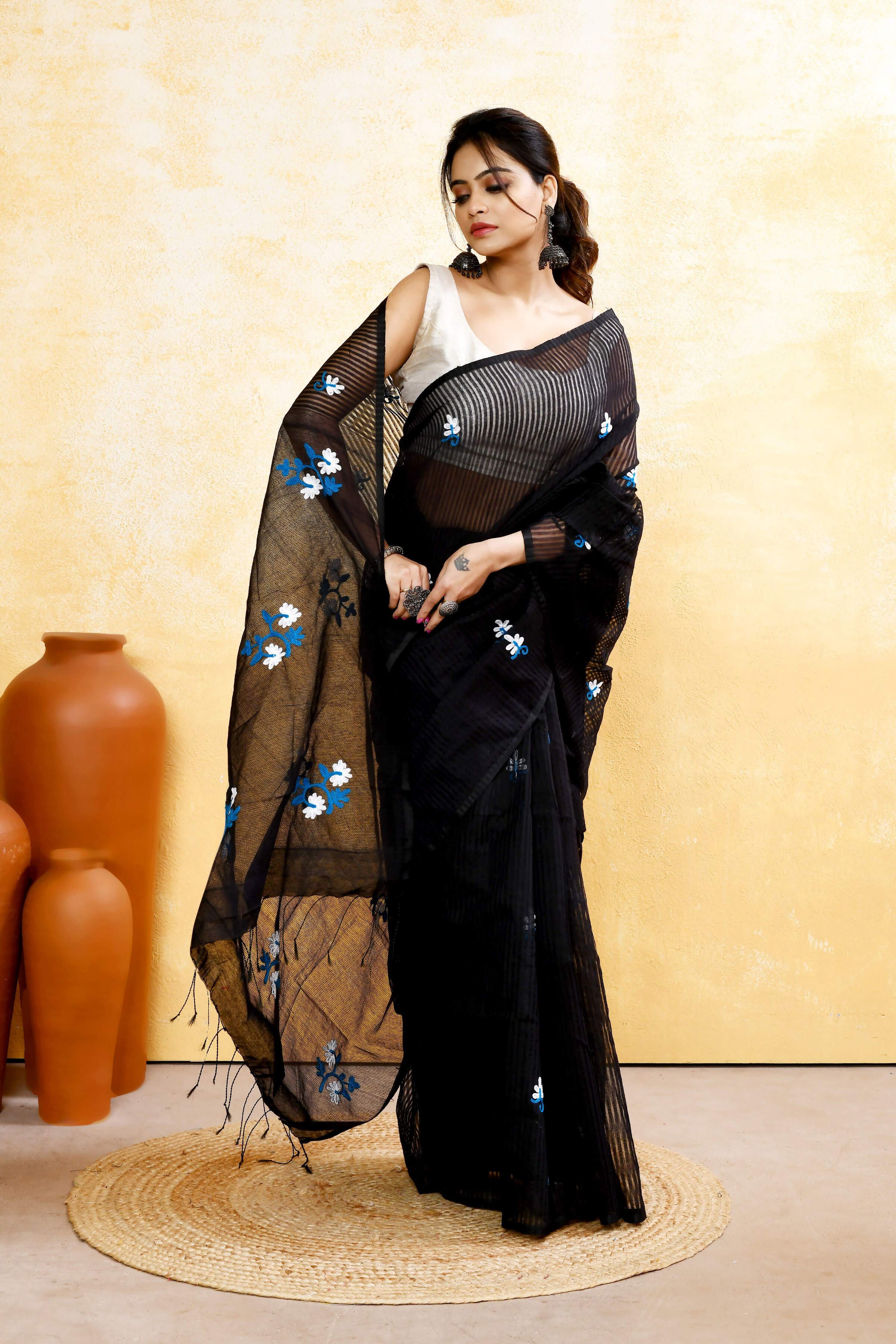 Piyari Fashion Women's Black Embellished Cotton Blend Embroidery Saree