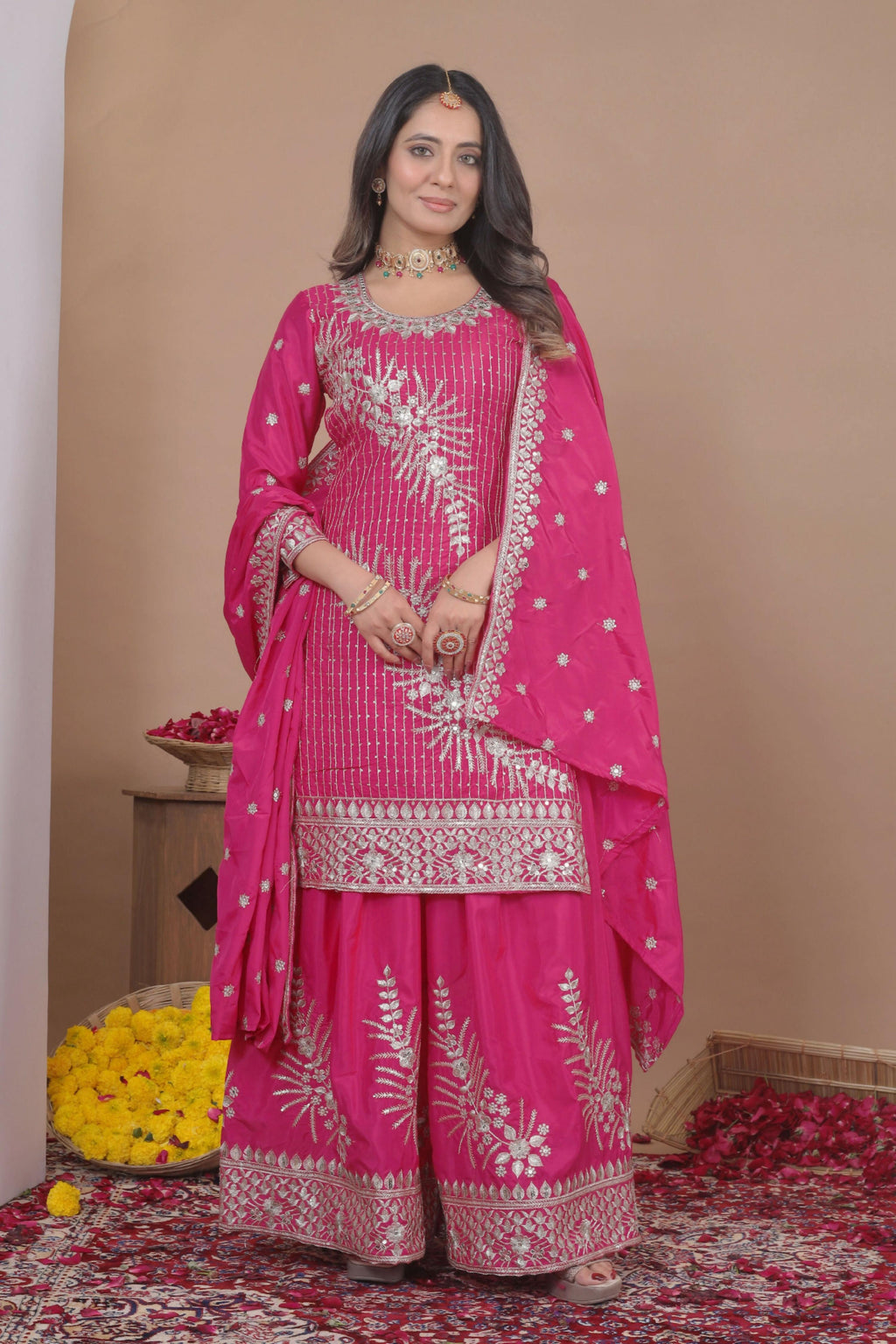 Lehenga Mart Designer Sharara Suit With Kurta, Sharara, Dupatta For Women-Pink
