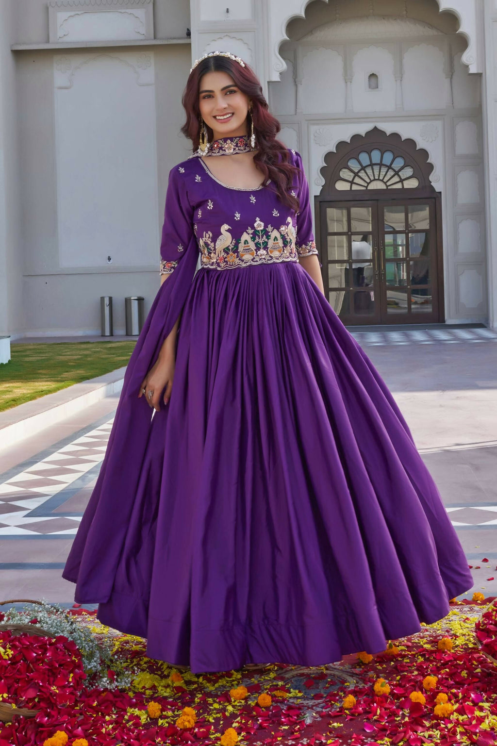 Teeya Creation Womens New Trendy Heavy Cording Sequence & Beads Embroidery Work Purple Gown Set