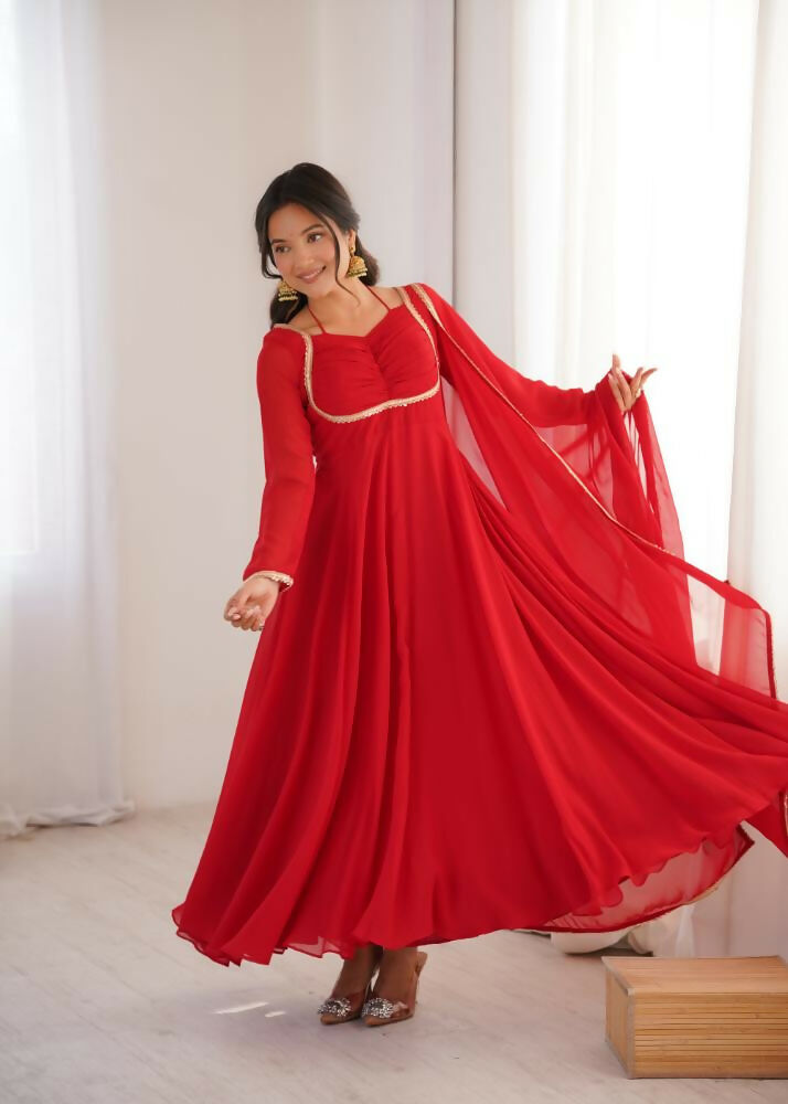 Lehenga Mart Designer Anarkali Suit With Kurta, Dupatta For Women-Red