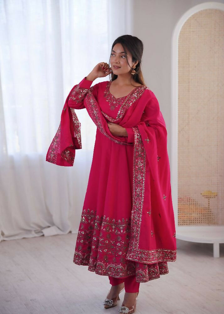 Teeya Creation Pink Roman Silk Embroidery Work Party Wear long Gown