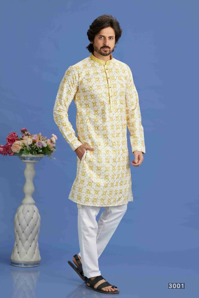 Raivat Ethnic Cotton Embroidery Kurta Pajama In Yellow Colour