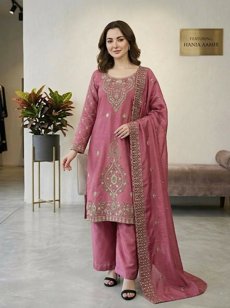 Teeya Creation Pink Color Gimmychu Silk Embroidery Work Wedding Wear Salwar Suit