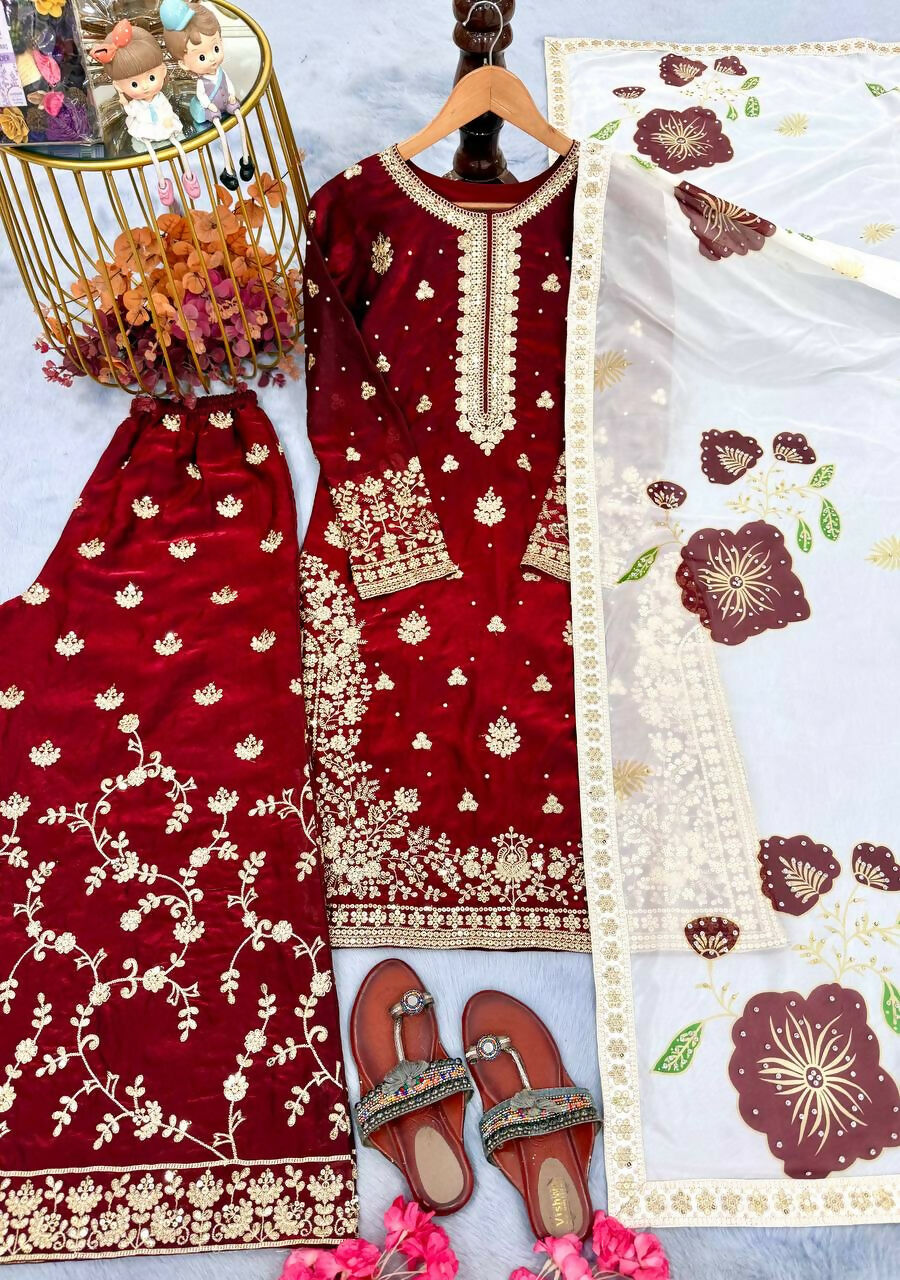 Teeya Creation Maroon Fendy Silk Beads Work Designer Wedding Wear Salwar Suit