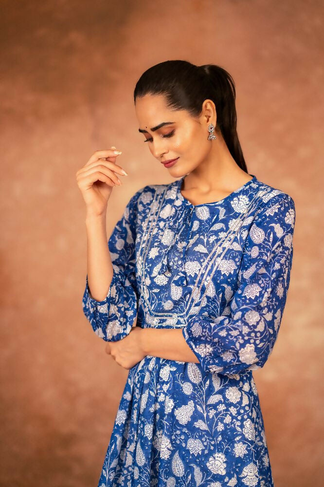 Joban Fashion Blue Floral Hand Block Printed Cotton Kurta Pant Set