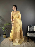 Joban Fashion Yellow Floral & Paisley Linen Silk Banarasi Saree