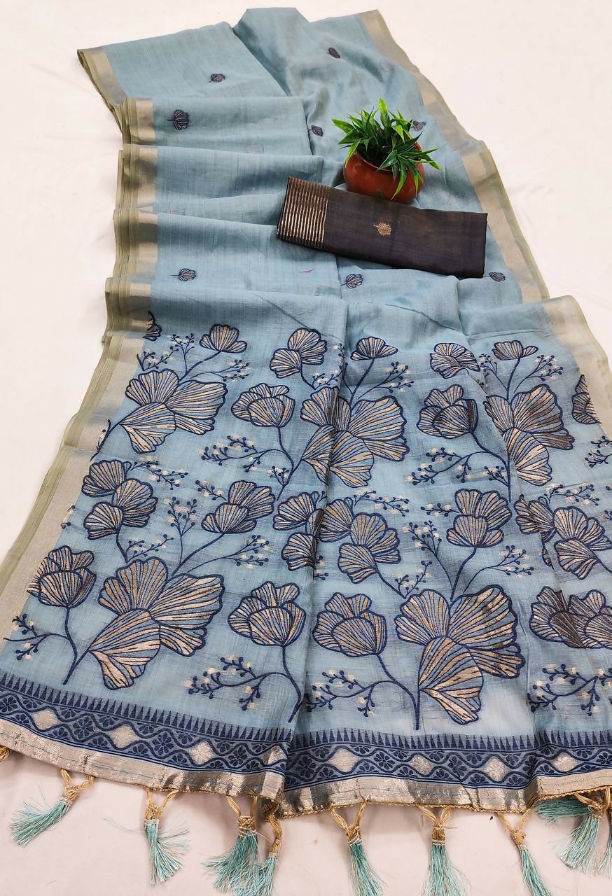 Vastranavya Sky Blue Muga Cotton Meenakari & Azarakh Pallu Saree with Contrast Blouse
