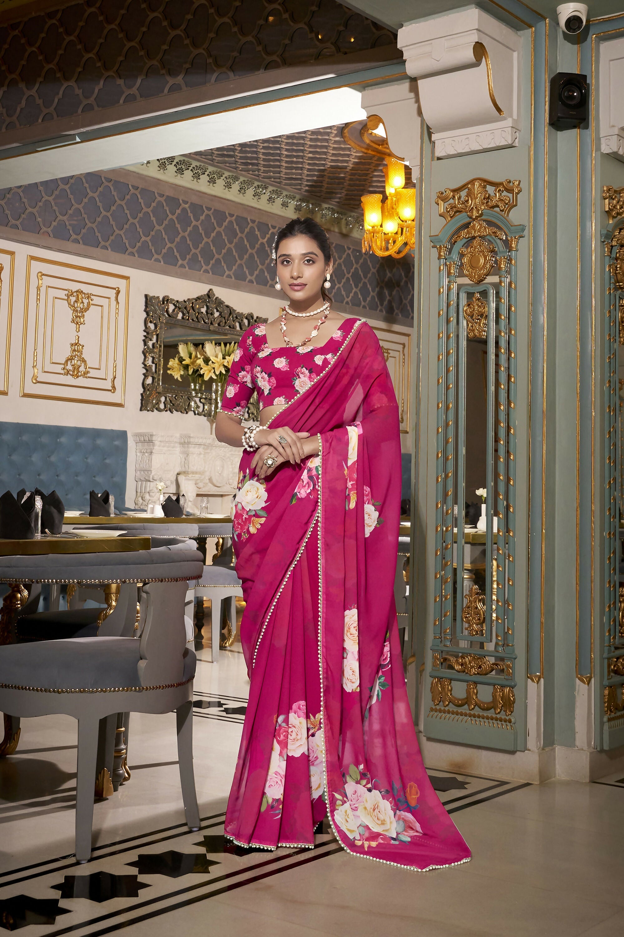 Vastranavya Pink Spectacular Georgette Printed with Pearl Lace Saree with Unstitched Blouse